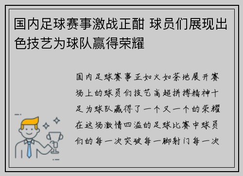 国内足球赛事激战正酣 球员们展现出色技艺为球队赢得荣耀
