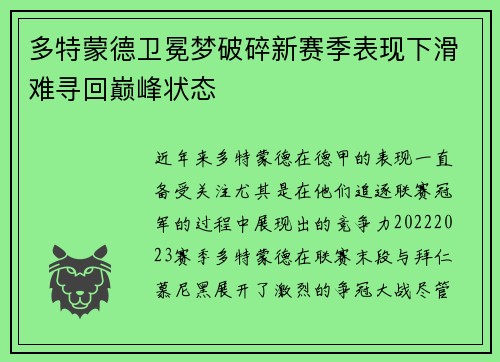 多特蒙德卫冕梦破碎新赛季表现下滑难寻回巅峰状态