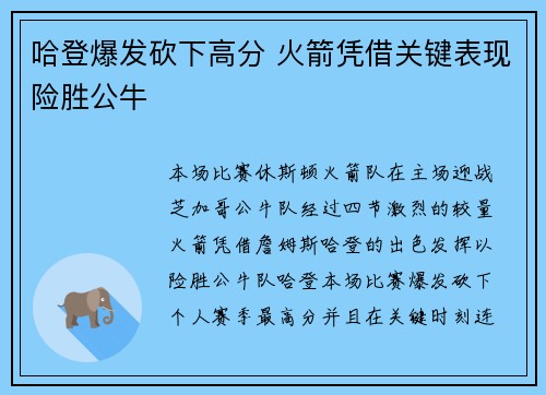 哈登爆发砍下高分 火箭凭借关键表现险胜公牛